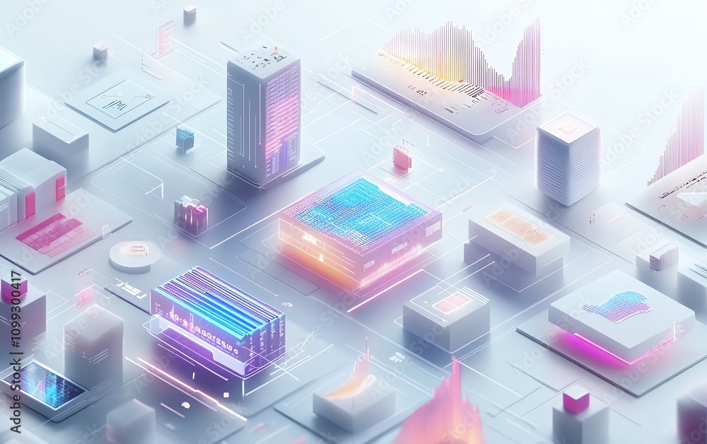 Fototapete innovative 3d digital interface featuring interactive graphs, charts, and code blocks, pristine whit