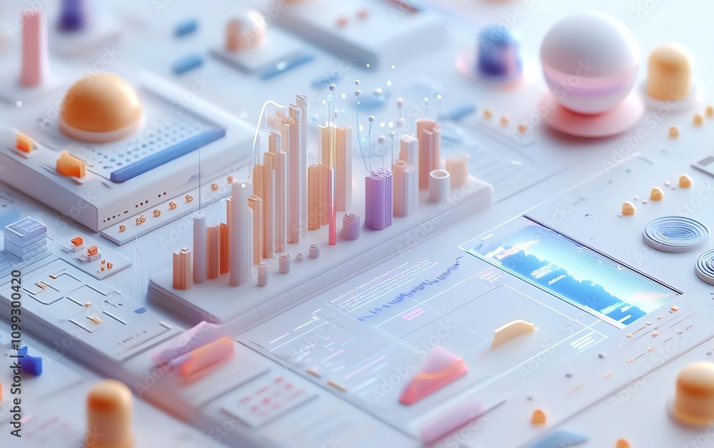 Fototapete innovative 3d digital interface featuring interactive graphs, charts, and code blocks, pristine whit