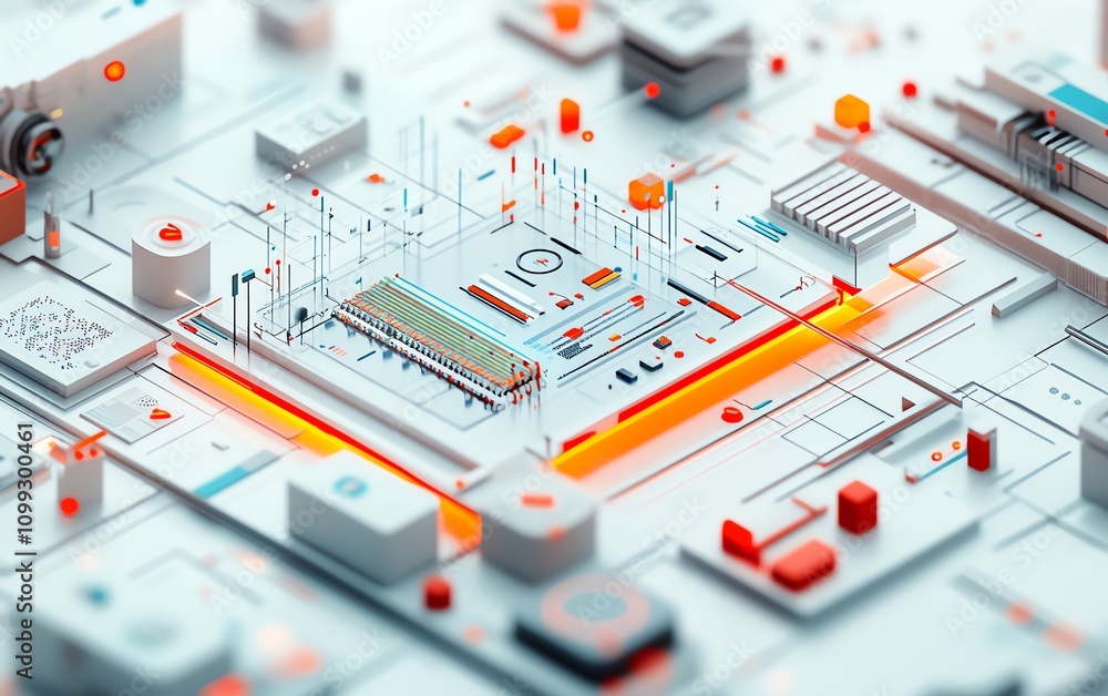 Poster Innovative 3D digital interface featuring interactive graphs, charts, and code blocks, pristine white background, techfocused design