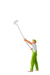 A miniature figurine of a painter holding a long-handled roller brush, isolated on white background with clipping path