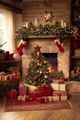 Fototapeta premium A beautifully adorned Christmas tree sparkles with lights, surrounded by colorful presents and festive stockings, all nestled by a warm, glowing fireplace.