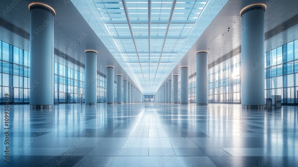 Poster modern spacious hall with large windows and high ceiling, showcasing sleek design and ample light.