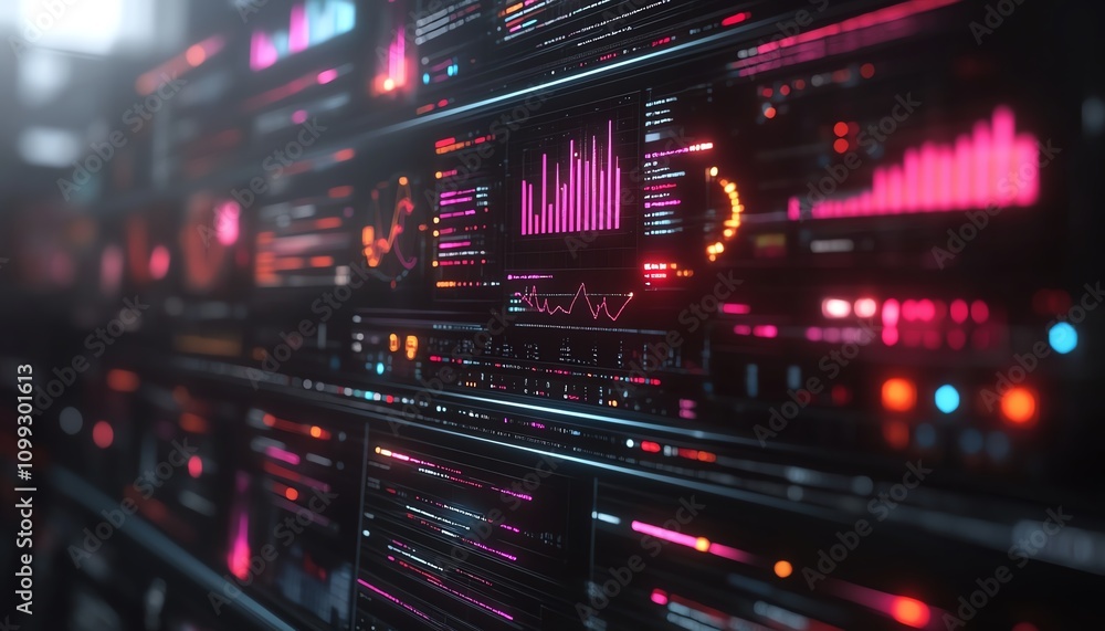 Fototapete 3drendered digital dashboard with charts, graphs, and live code snippets, bright white background, f