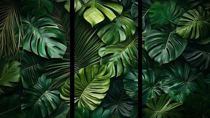 Obraz premium A vibrant three-panel canvas of tropical leaves, detailed monstera, palm, and philodendron, rich greens, realistic and intricate leaf textures, soft natural light, high-definition,