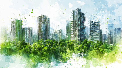 Obraz premium City dedicated to sustainable engineering and environmental responsibility. Urban development, implementing innovative green engineering watercolor grid line sketch architecture vector illustration.