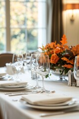 A formal Thanksgiving table with fine china, crystal glasses, and polished silverware
