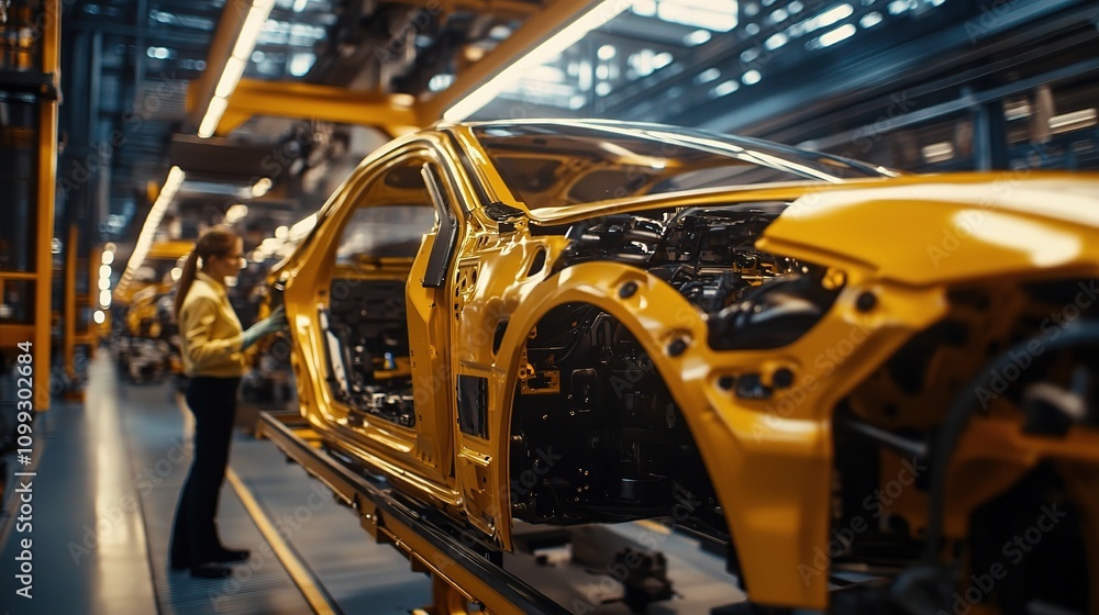 Poster modern factory scene with engineer working on car project