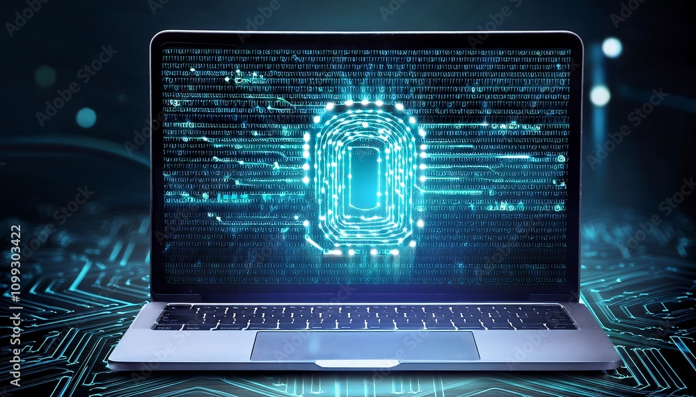 Poster laptop with colorful hologram interface, binary code, internet, and technology concept