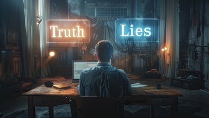 A Man Sitting at His Desk in Front of a Computer Screen with Two Glowing Icons Above Him, One Labeled 'Truth' and the Other an Open Book with 'Lies,' with the Word 'Lying or Truth' Floating