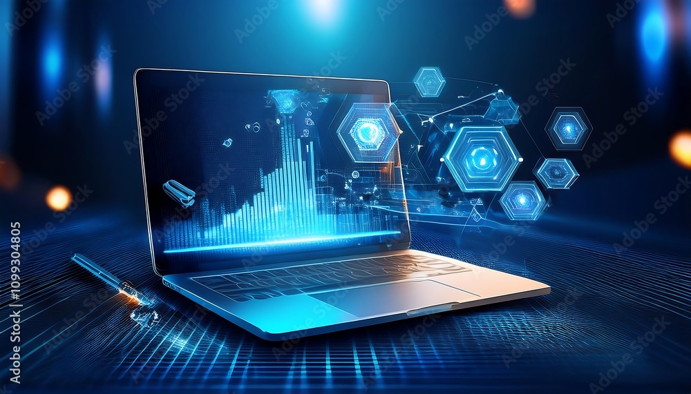 Poster laptop with colorful hologram interface, tools for keyboard processing, blue bokeh, highlighting dig