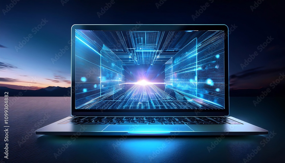 Poster laptop with colorful hologram interface, tools for keyboard processing, blue bokeh, highlighting dig