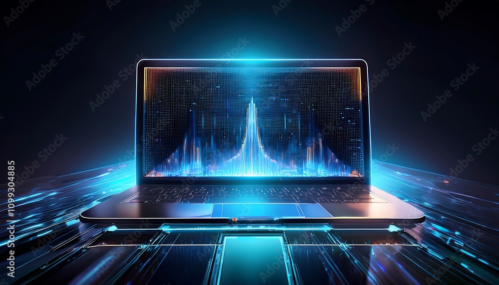 Poster laptop with colorful hologram interface, tools for keyboard processing, blue bokeh, highlighting dig