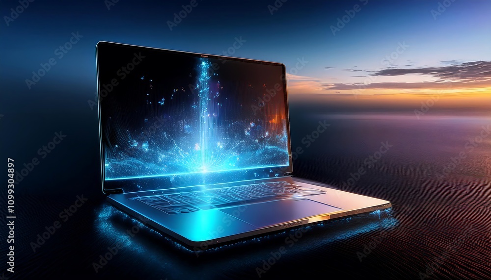 Poster laptop with colorful hologram interface, tools for keyboard processing, blue bokeh, highlighting dig