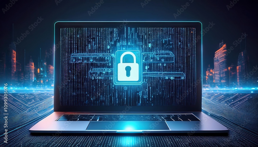 Poster laptop with colorful holographic interface, binary code matrix, cyber security login