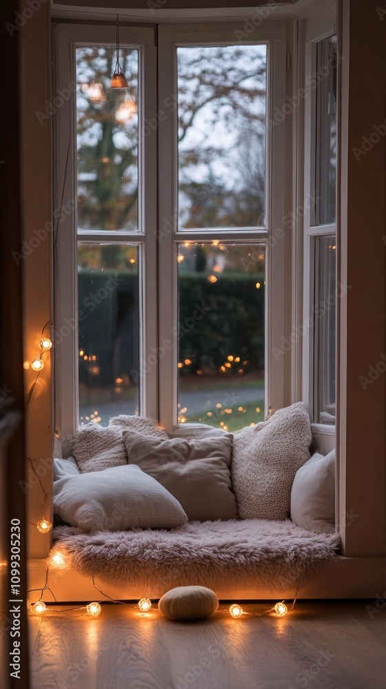 Poster cozy window seat with soft pillows and string lights.