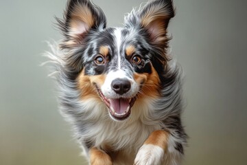 Happy Australian Shepherd dog running, jumping, playful expression.