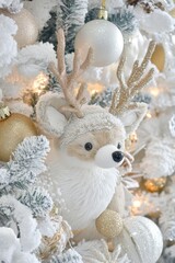 Obraz premium A cheerful stuffed animal perches atop a festive Christmas tree, surrounded by twinkling lights and vibrant ornaments, embodying the spirit of joy and celebration.