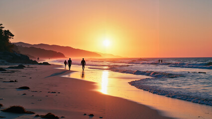 Fototapeta premium Serene Beach at Sunset with Golden Horizon and Gentle Waves.