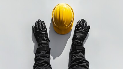 Fototapeta premium Overhead view of safety gear yellow hard hat and black gloves on a white background.