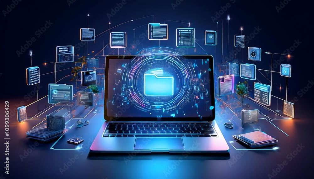 Poster laptop with colorful icons of data and files, copy space for abstract technology concept, highlighti