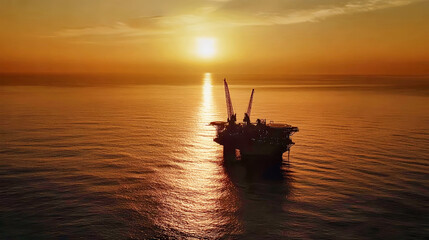 Obraz premium Aerial view of an oil platform in the ocean during sunset with dramatic lighting and calm waters reflecting warm colors
