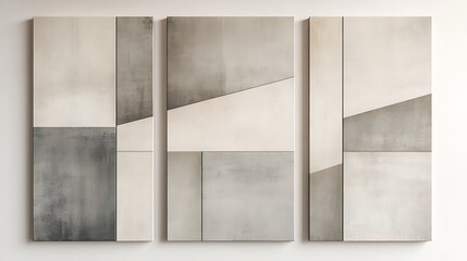 Minimalist geometric triptych, featuring clean lines and simple shapes in shades of gray and beige, neutral and muted color palette, smooth textures, sleek and modern look, high-definition detail,