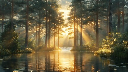 Obraz premium Nature-inspired triptych, tall pine trees casting dappled light, a river gently flowing through the forest, sunlight streaming through leaves, photorealistic style, seamless visual flow,