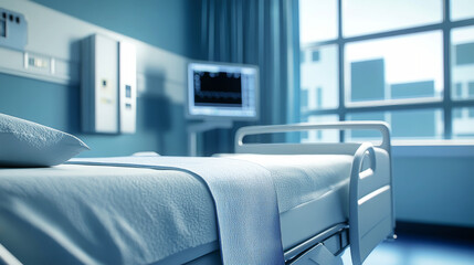 Fototapeta premium A modern hospital room featuring a close-up view of a hospital bed under soft lighting with a serene blue and white color scheme