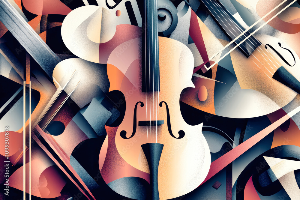 Poster abstract music background featuring a guitar and violin in a vibrant retro color palette with geomet