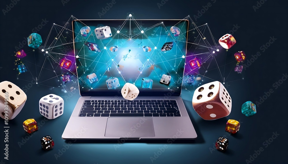 Poster laptop with icons all around and dice in the foreground highlighting digital interaction and chance