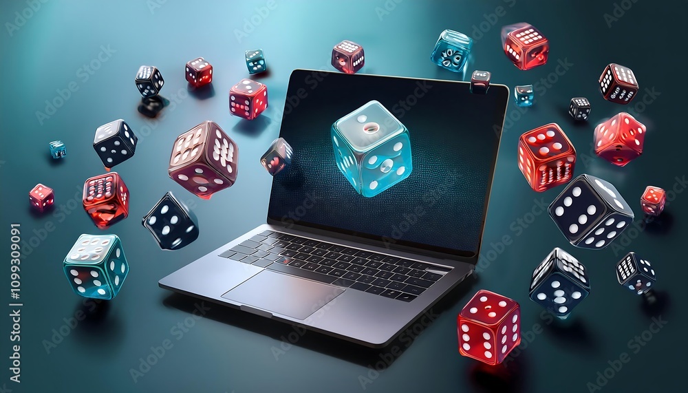 Poster laptop with icons all around and dice in the foreground highlighting digital interaction and chance