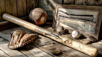 A vintage baseball bat and glove with an old game photograph on weathered wood planks under soft...