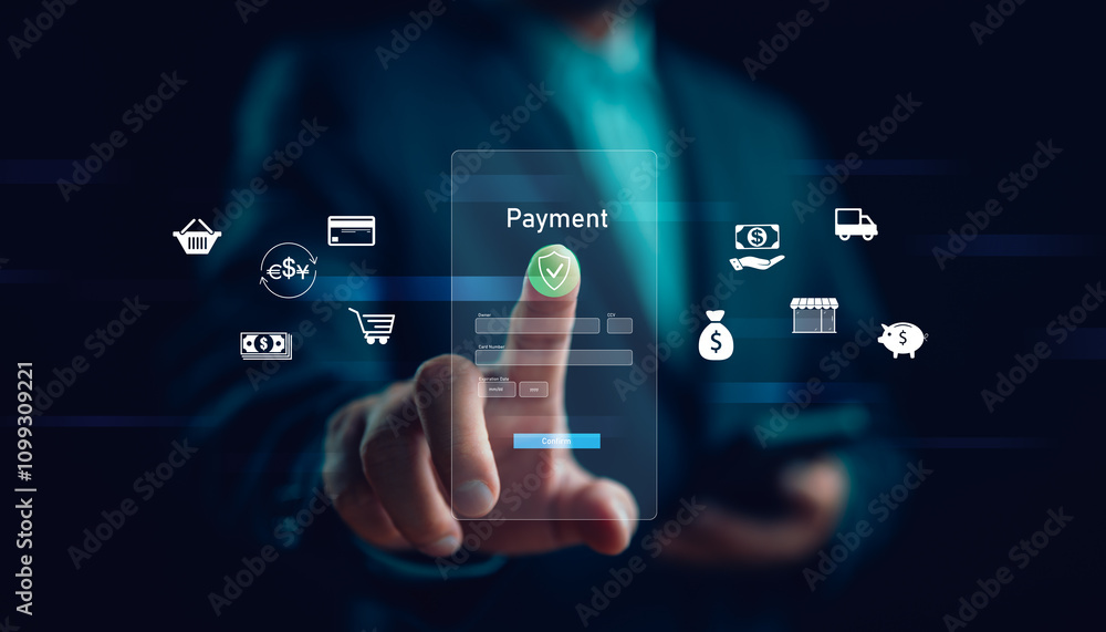 Aufkleber digital banking network, internet payment, financial technology or fintech concept. businessman usin