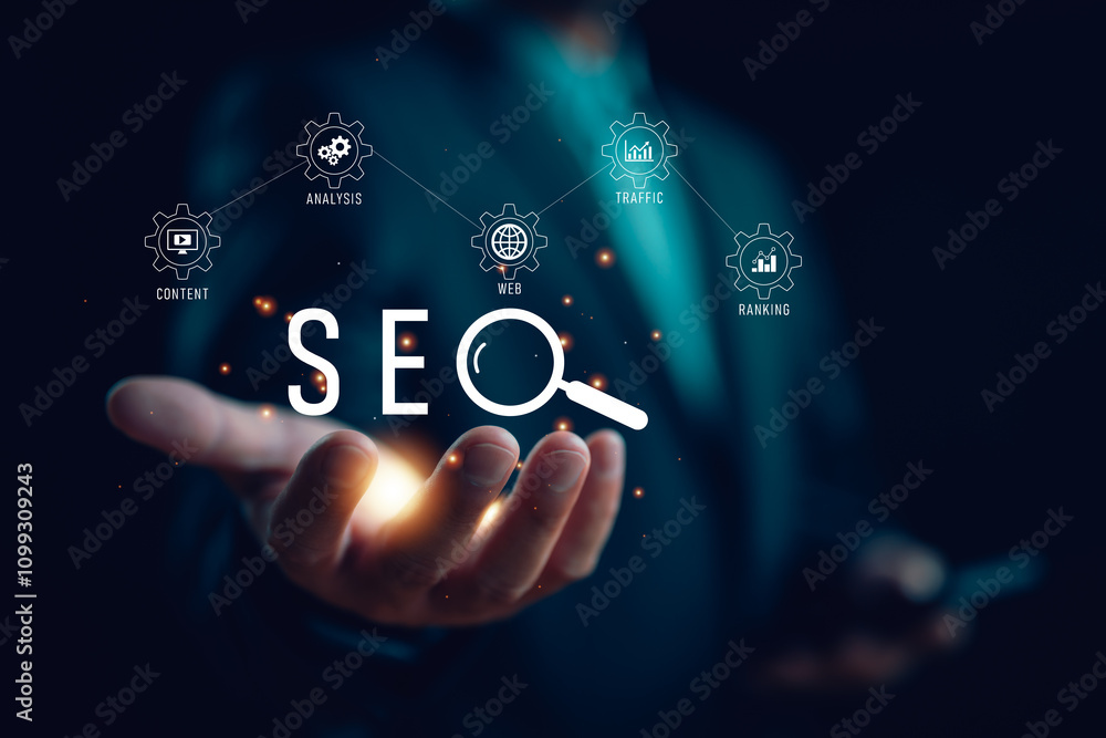 Fototapete businessman hold virtual seo icon to analyze seo search engine optimization for promoting ranking tr
