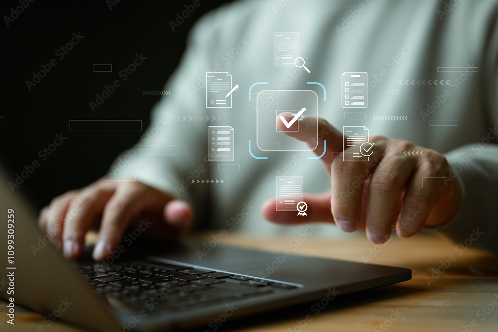 Poster businessman touching approved document icon on digital documents for approve business project propos