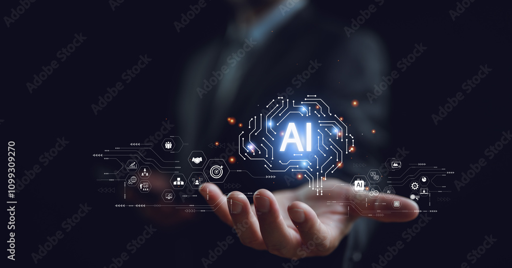 Aufkleber ai, concept of artificial intelligence use analytics, automation, and an autonomous brain. big data 
