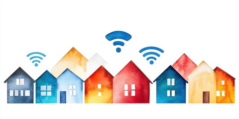 Fototapeta premium Abstract watercolor illustration of smart location connectivity, blending technology and creativity in vibrant hues.