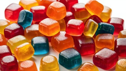 supermarket display of&nbsp; gummy sugar candies with a glossy finish, vibrant colors of red, orange, and yellow, lightly dusted with sugar, 

