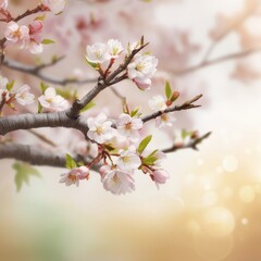 Cherry blossom branch background. Beautiful nature spring background with a branch of blooming Quince. Copy space for text
