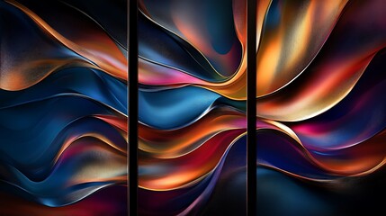 Three-panel abstract flow artwork, vibrant swirling shapes and lines, bold color contrasts of blue, gold, and magenta, fluid movement creating a dynamic effect, high-definition textures,