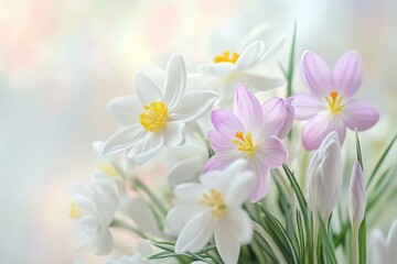 Obraz premium A delicate flat lay of spring flowers, including daisies, stock