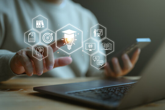 e-learning on a laptop. learning icon, library on the internet website. concept of lesson learning e-book training digital online. course education in webinar technology