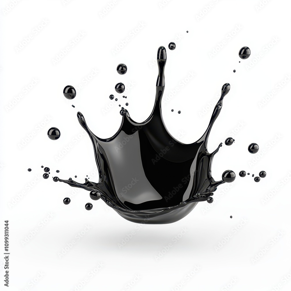 Poster a splash of black liquid creating dynamic droplets in a clean, white background.
