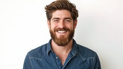 Fototapeta premium Young Male Model with Beard in Casual Blue Shirt Smiling Happily