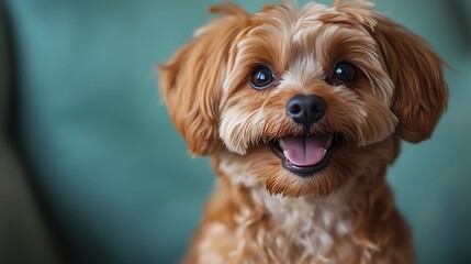 A photo of, a dog happy playing ukulele, isolated on a light green background 