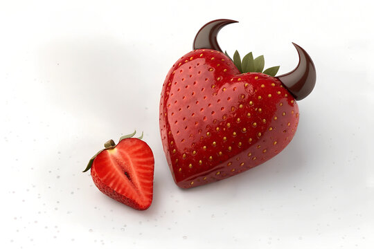 A 3D glossy strawberry shaped as a heart with devil horns and a sliced half beside it. A unique combination of romance and mischief for a creative Valentine design.