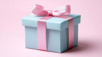 Fototapeta premium A light blue gift box adorned with a soft pink ribbon, set stock