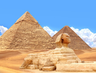 Famous Great Sphinx and pyramids of Chephren, Cheops, Menkaure, Cairo, Egypt. Great Pyramids and...