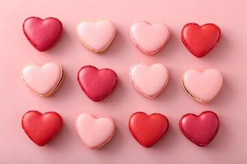 Fototapeta premium Rows of pink, red, and white heart-shaped macarons on a pink background, perfect for Valentine's Day, weddings, or festive celebrations. Bright and elegant design with copy space included.