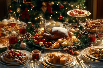 Heartwarming Illustration of a Christmas Dinner Table Filled with Holiday Feast and Family Joy